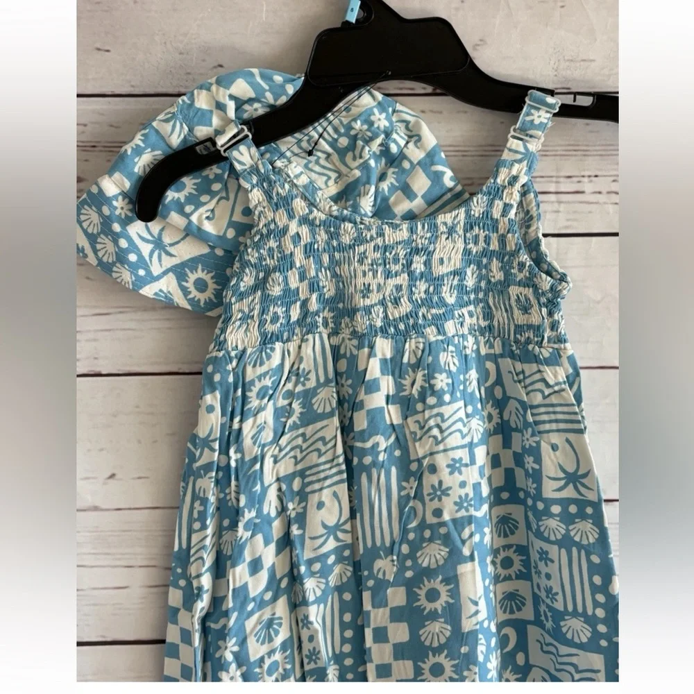 Volcom Girls Smocked Dress Size 5 Ice Blue Matching Hat Beachy NWT Retails $44